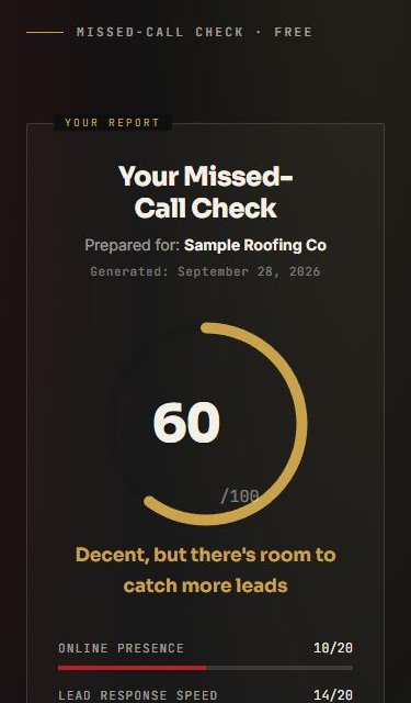 Missed-Call Check result screen on a phone: a score of 60 out of 100 and the start of the breakdown by area