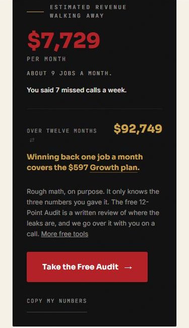 Missed-Call Math result on a phone: about $7,729 a month and $92,749 over twelve months from the starting numbers